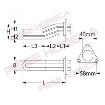 Rezistenta boiler expresor EXPOBAR, putere 4500W, alimentare 230V, lungime-320mm, montare pe Ø39mm, distanta intre gauri- 57mm 
